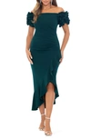 Xscape Petite Off-the-shoulder Ruffle-sleeve Midi Dress In Pine