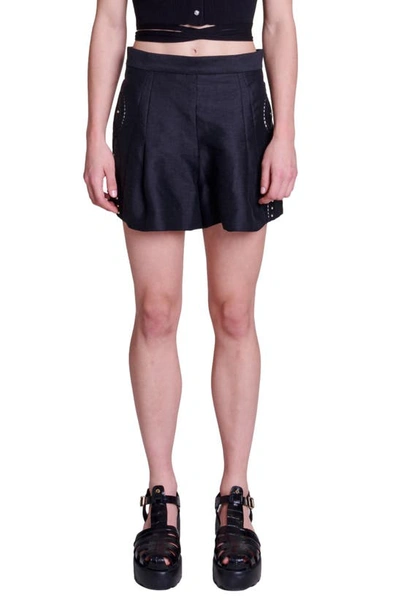 Maje Openwork Linen Shorts With Rivets For Spring/summer In Black