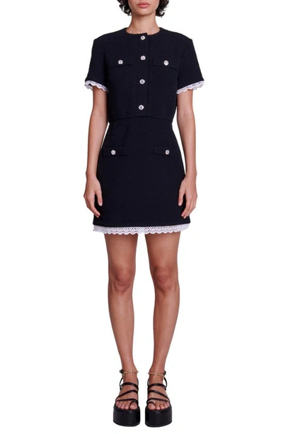 Maje Short Tweed Dress With Trim For Spring/summer In Black