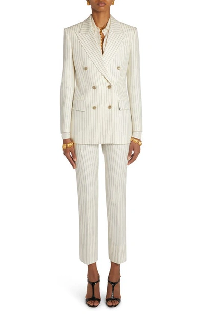 TOM FORD PINSTRIPE DOUBLE BREASTED WOOL & SILK BLEND BLAZER