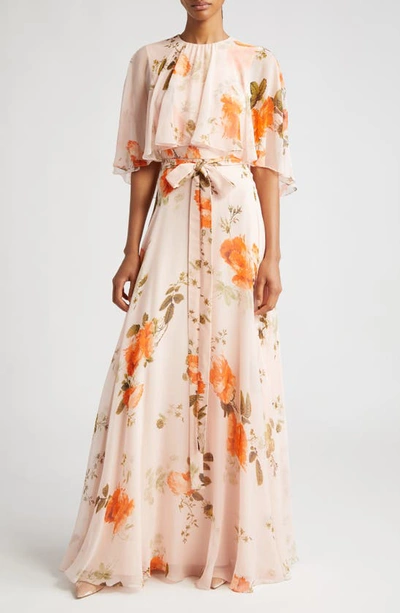 Erdem Floral Floor-length Gown With Cape Overlay In Shell Pink