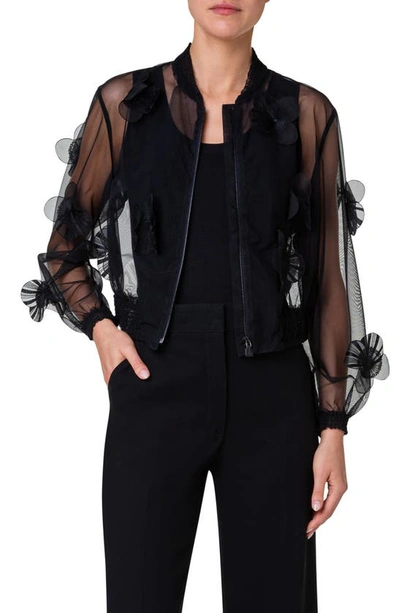 Akris Taide Tulle Bomber Jacket With Poppies Embellishment In Black