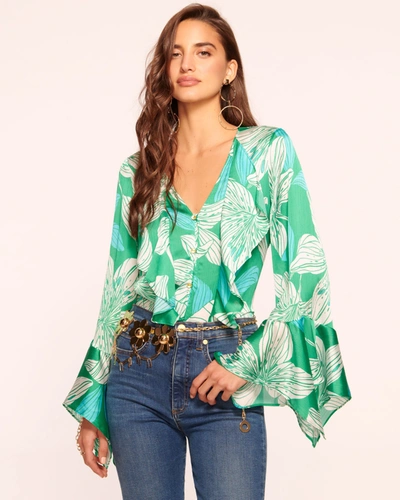 Ramy Brook Savanna Lily-print Ruffle Button-front Blouse In Green Lily