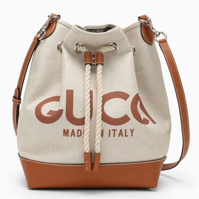 Gucci Beige Canvas Bucket Bag With Logo In Brown