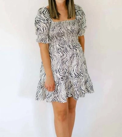 Lucy Paris Satin Smocked Zebra Dress In Navy/ivory In Multi