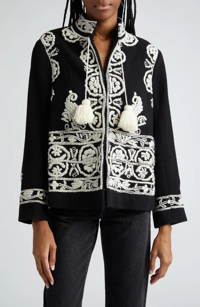 Bode Estate Tasseled Embroidered Wool-felt Jacket In Blkwt