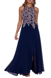 Betsy & Adam Embellished-bodice Chiffon Gown In Navy/ Rose