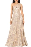 BETSY & ADAM METALLIC FLORAL ONE-SHOULDER SHEATH GOWN