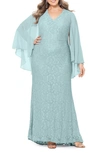 BETSY & ADAM LACE CAPE SLEEVE GOWN