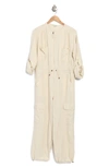 Max Studio Drawcord Waist Long Sleeve Cargo Jumpsuit In Natural