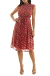 Nina Leonard Smock Chiffon Midi Dress In Rust Multi