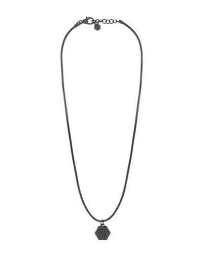Philipp Plein Gunmetal Ip Stainless Steel Logo Leather Pendant Necklace, 17-3/4" + 1-3/5"
