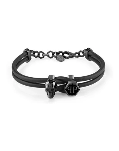 Philipp Plein Black-tone Stainless Steel 3d $kull & Logo Leather Flex Bracelet