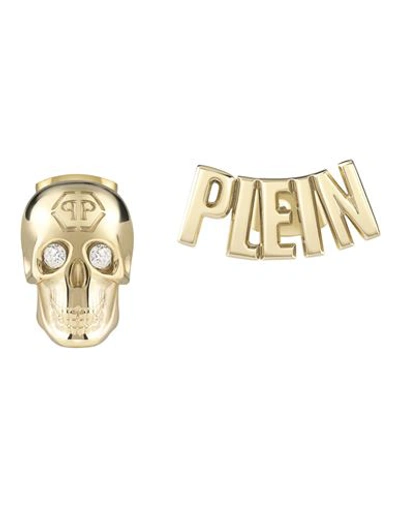 Philipp Plein Gold-tone Ip Stainless Steel Pave 3d $kull & Plein Lettering Mismatch Stud Earrings In Ip Yellow Gold