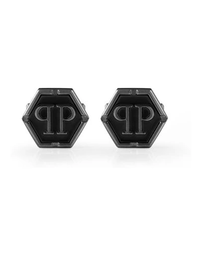 Philipp Plein Stainless Steel Logo Black Hexagon Cuff Links In Silver
