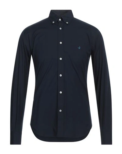 Brooksfield Man Shirt Navy Blue Size 15 Cotton, Elastane In Navy Blue