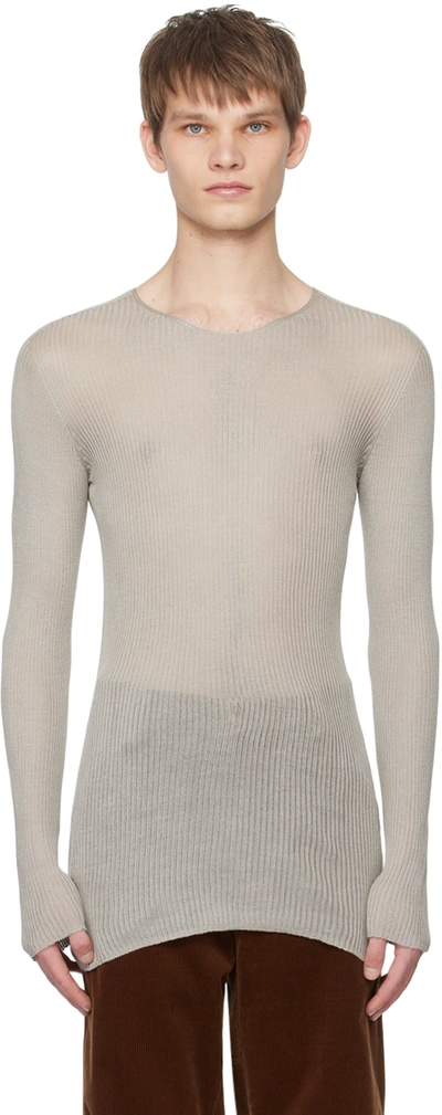 Rier Gray Crewneck Long Sleeve T-shirt In Flax Silk