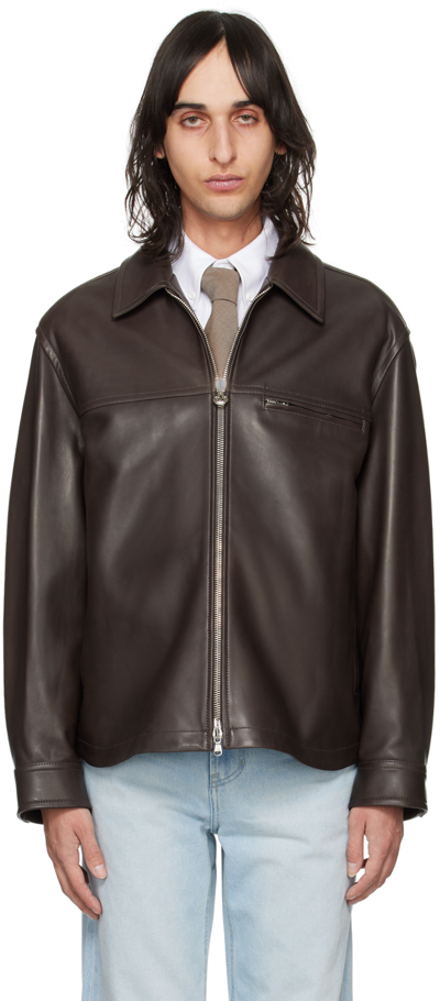 Solid Homme Brown Zip Leather Jacket In 207d Mud