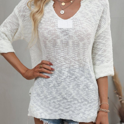 Anna-kaci Drop Shoulder 3/4 Length Sweater In White