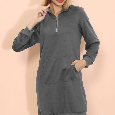 Anna-kaci Solid Kangaroo Pocket Sweater Dress In Grey
