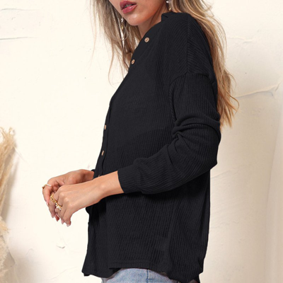 Anna-kaci Textured Ribbed Button Down Blouse In Black