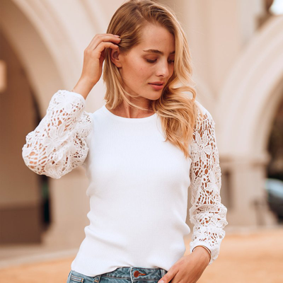 Anna-kaci Lace Long Sleeve Knit Top In White
