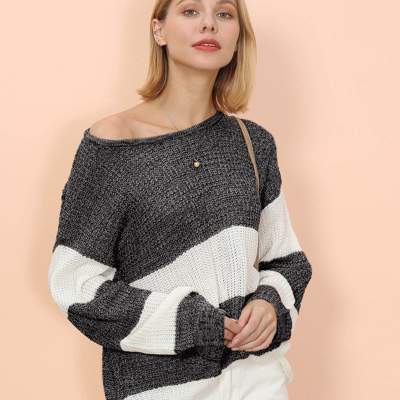 Anna-kaci Color Block Striped Long Sweater In Grey