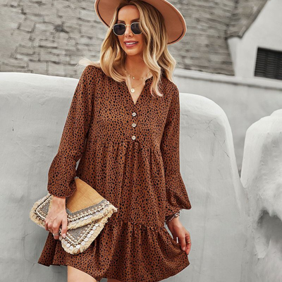 Anna-kaci Long Sleeve Dotted Print Dress In Brown