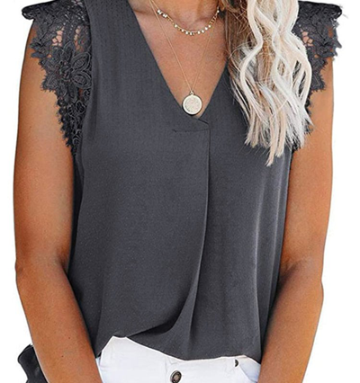 Anna-kaci Lace Pleated Tank Blouse In Grey