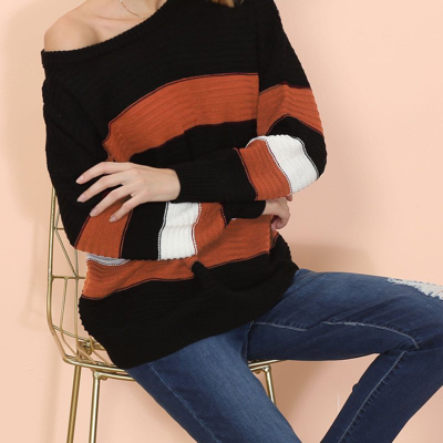 Anna-kaci Textured Knit Striped Sweater In Orange