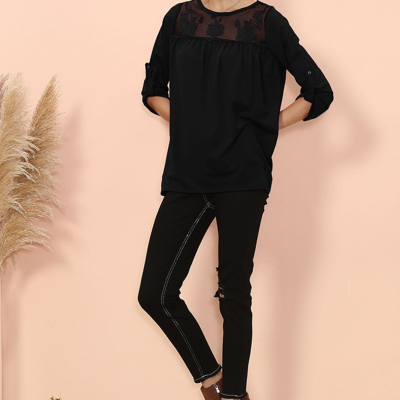 Anna-kaci Lace Detail Mid Elbow Blouse In Black