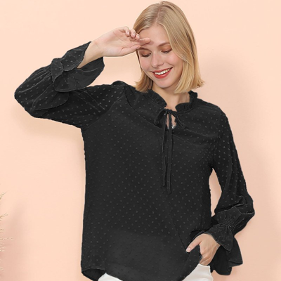 Anna-kaci Clip Dot Long Sleeve Sweater Blouse In Black