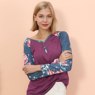 Anna-kaci Floral Print Henley Long Sleeve Top In Red