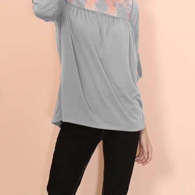 Anna-kaci Lace Detail Mid Elbow Blouse In Grey