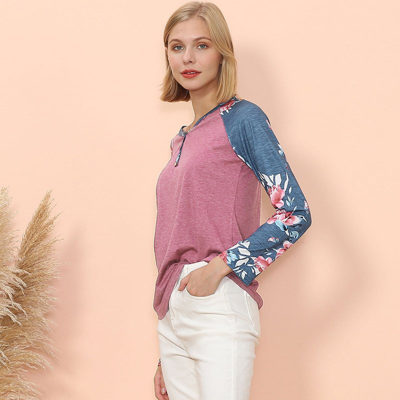 Anna-kaci Floral Print Henley Long Sleeve Top In Pink