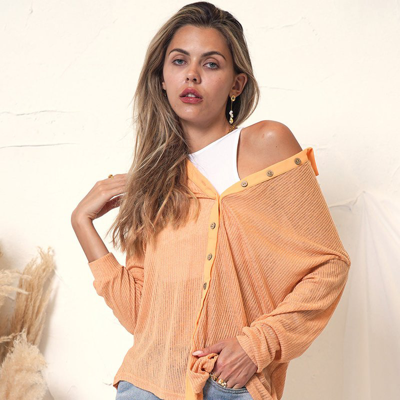 Anna-kaci Textured Ribbed Button Down Blouse In Orange