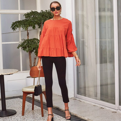 Anna-kaci Gathered Ruffle Long Sleeve Blouse In Orange