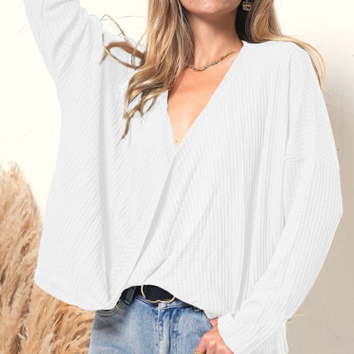 Anna-kaci Wrap Front Waffle Knit Sweater In White