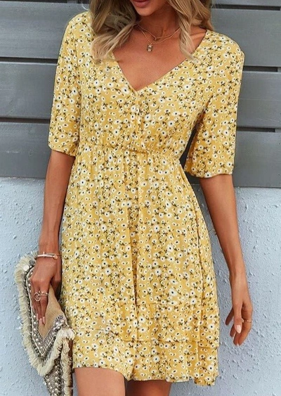 Anna-kaci Open Sleeve Floral Print Dress In Yellow