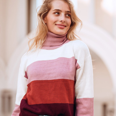 Anna-kaci Color Block Turtleneck Cozy Sweater In Pink