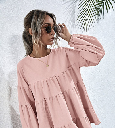 Anna-kaci Gathered Ruffle Long Sleeve Blouse In Pink