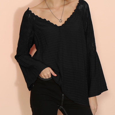 Anna-kaci Semi Sheer Bell Sleeve Blouse In Black