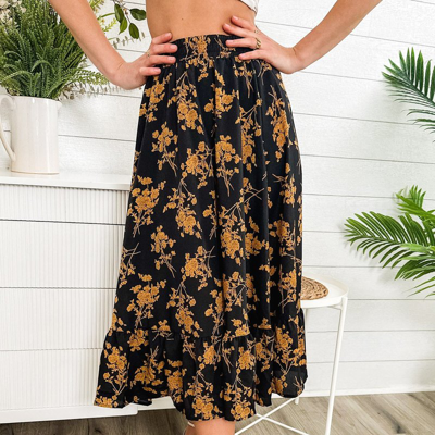 Anna-kaci Gartered Floral Print Midi Skirt In Black