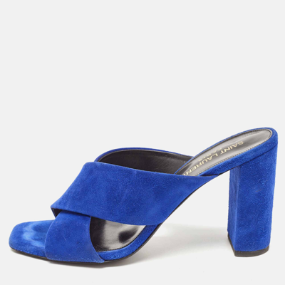 Pre-owned Saint Laurent Blue Suede Loulou Slide Sandals Size 38