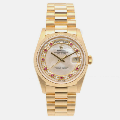 Pre-owned Rolex White Shell 18k Yellow Gold Day-date 18238nmr Automatic Men's Wristwatch 36 Mm