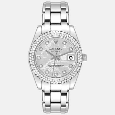 Pre-owned Rolex Pearlmaster White Gold Meteorite Dial Diamond Ladies Watch 81339 34 Mm In Silver