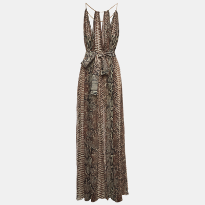 Pre-owned Elie Saab Brown Python Print Chiffon Halter Neck Gown S