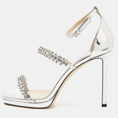 Pre-owned Jimmy Choo Silver Laminated Leather Crystal Embellished Ankle Strap Sandals Size 41