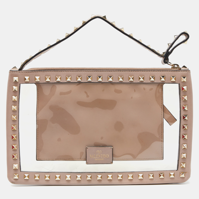 Pre-owned Valentino Garavani Pink/transparent Leather And Pvc Rockstud Clutch