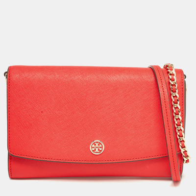 Pre-owned Tory Burch Red Saffiano Leather Robinson Wallet On Chain